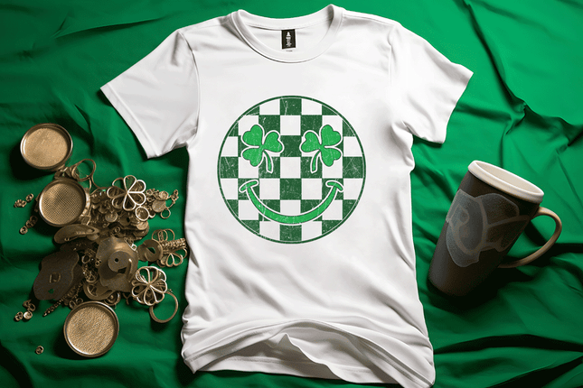 Checkerboard St Patty's Day Shamrock Happy Face Tshirt DTF Transfer sold by RQC Supply Canada an arts and craft store located in Woodstock, Ontario