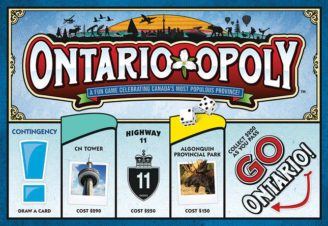 Ontario Opoly the next best thing compared to Monopoly with a Canadian Ontario Twist sold by RQC Supply Canada your art, craft and hobby store located in Woodstock, Ontario