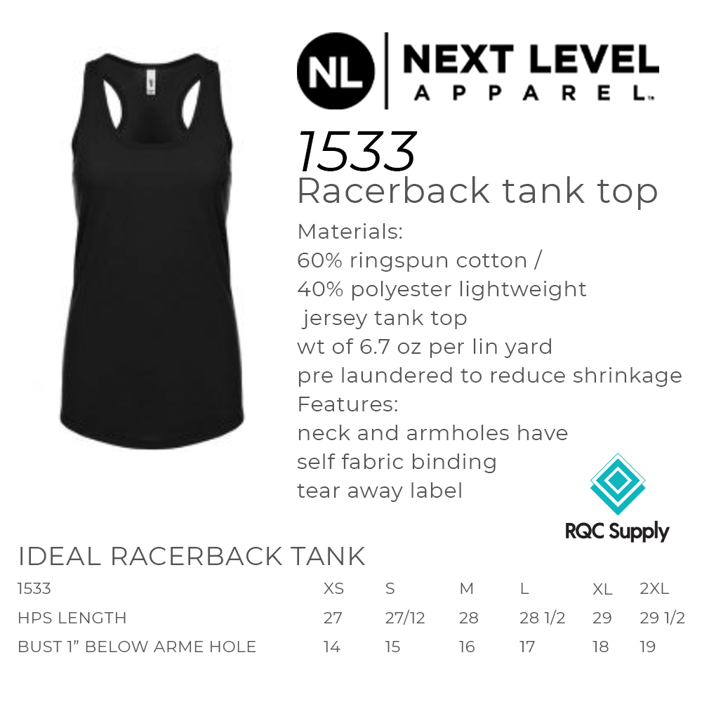 Size Guide for 1533 LAT racerback Tank Tops