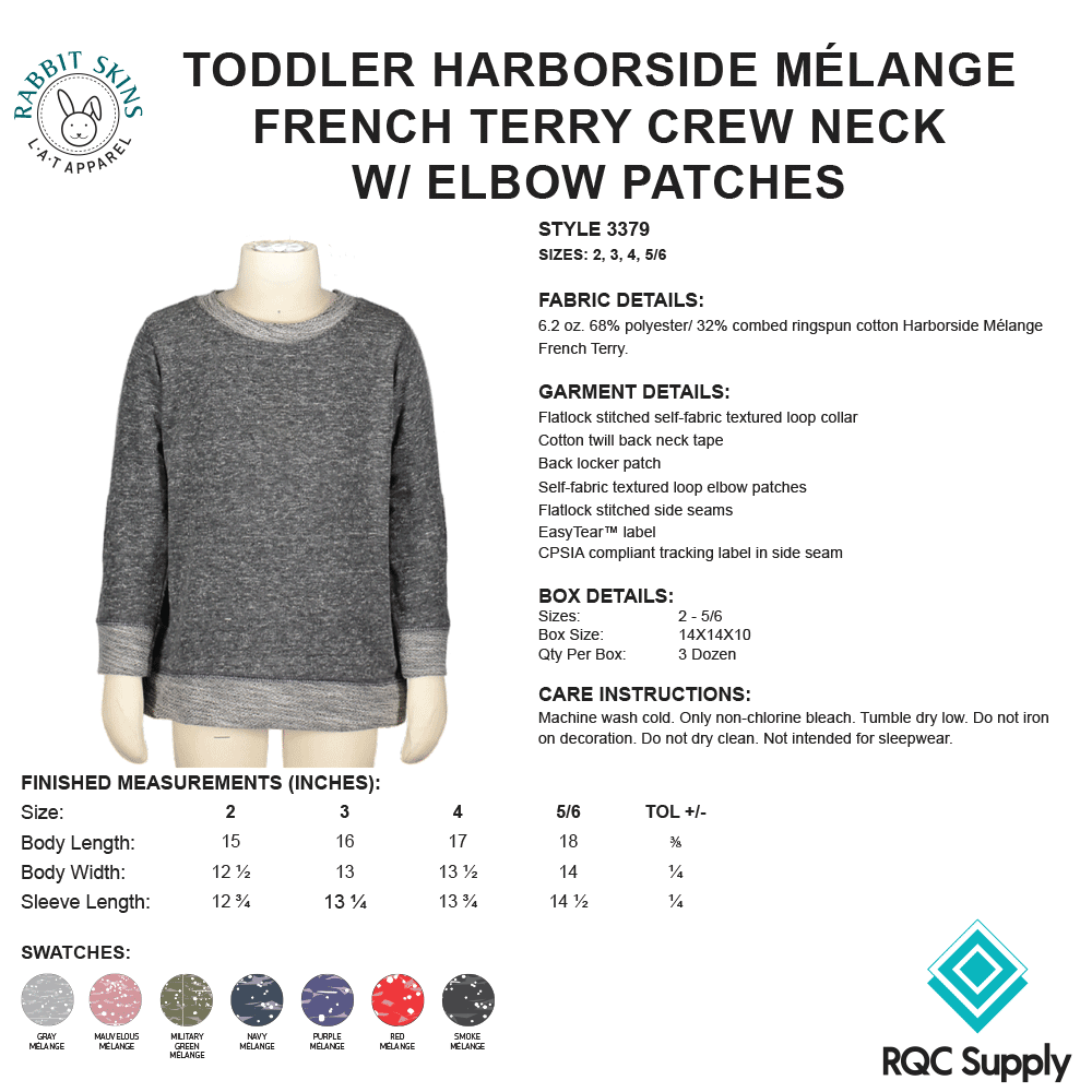3379 Toddler Harborside Melange French Terry Crew Neck W/ Elbow Patches