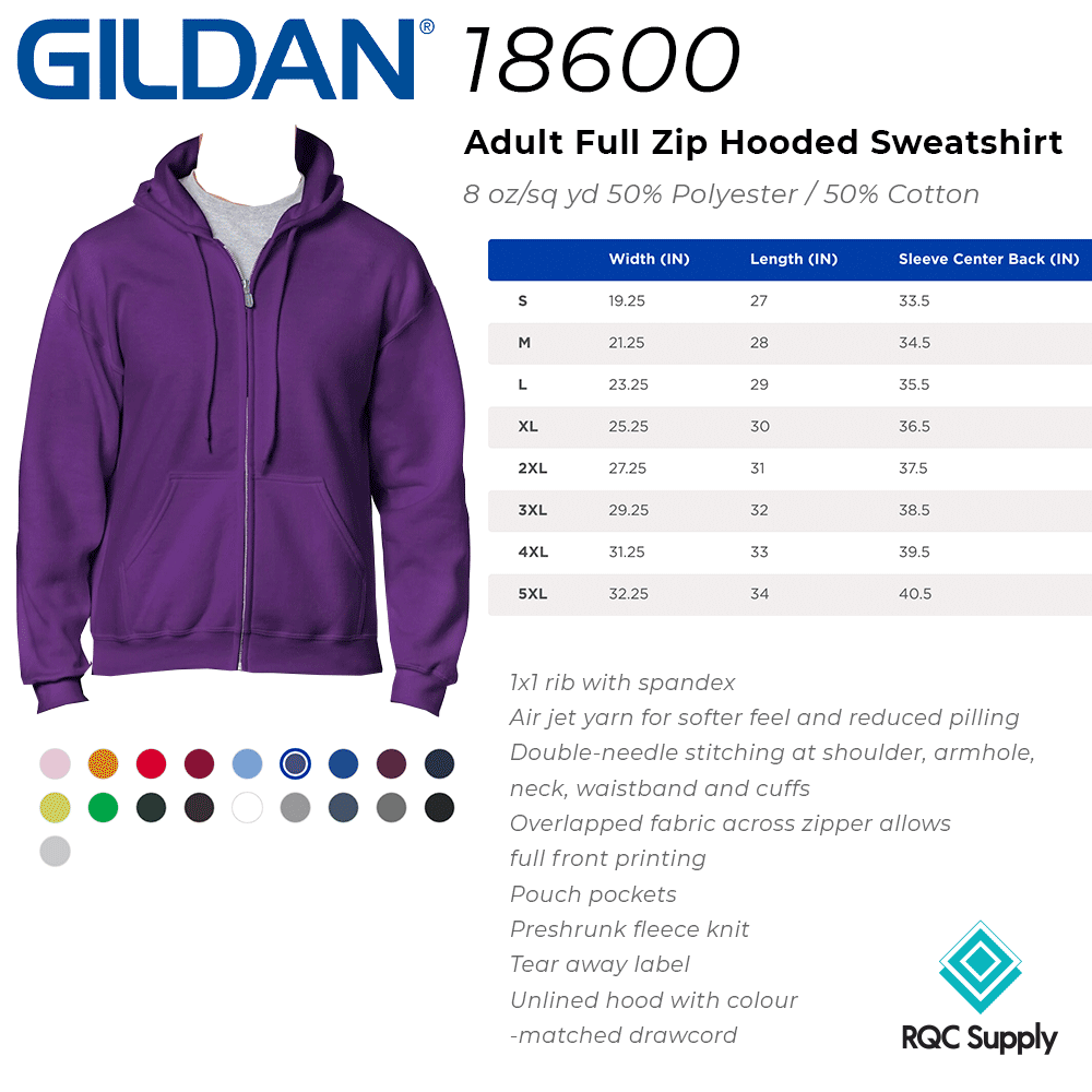 18600 Gildan Adult Full Zip Hooded Sweatshirt