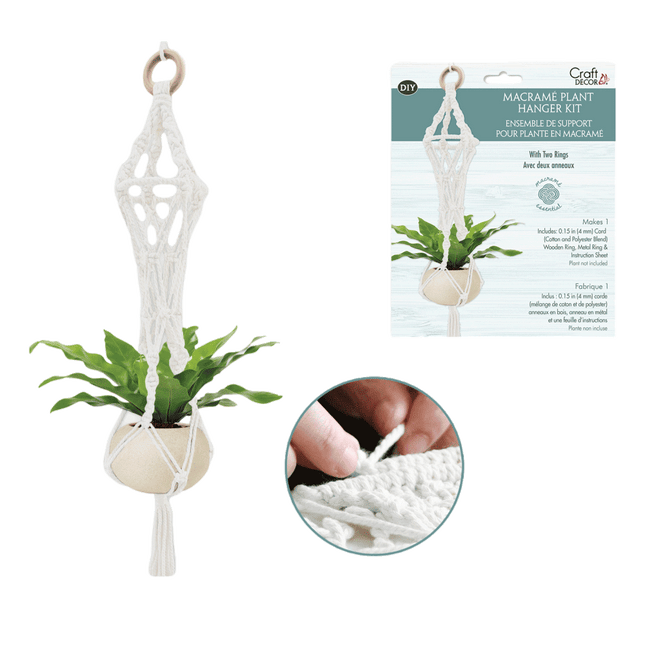 White Macrame Plant Holder Kit with wooden ring sold by RQC Supply Canada an arts and craft store located in Woodstock, Ontario