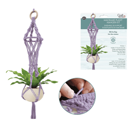 Mauve Macrame Plant Holder Kit with wooden ring sold by RQC Supply Canada an arts and craft store located in Woodstock, Ontario
