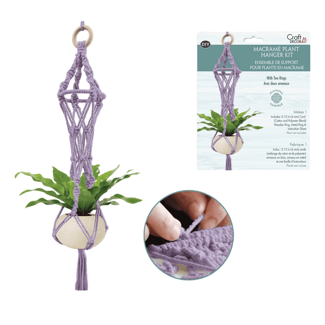 Mauve Macrame Plant Holder Kit with wooden ring sold by RQC Supply Canada an arts and craft store located in Woodstock, Ontario