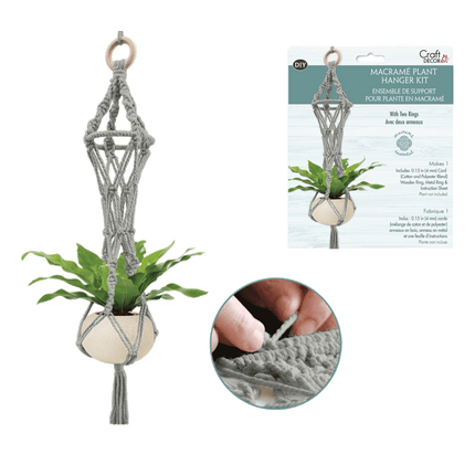 Grey Macrame Plant Holder Kit with wooden ring sold by RQC Supply Canada an arts and craft store located in Woodstock, Ontario