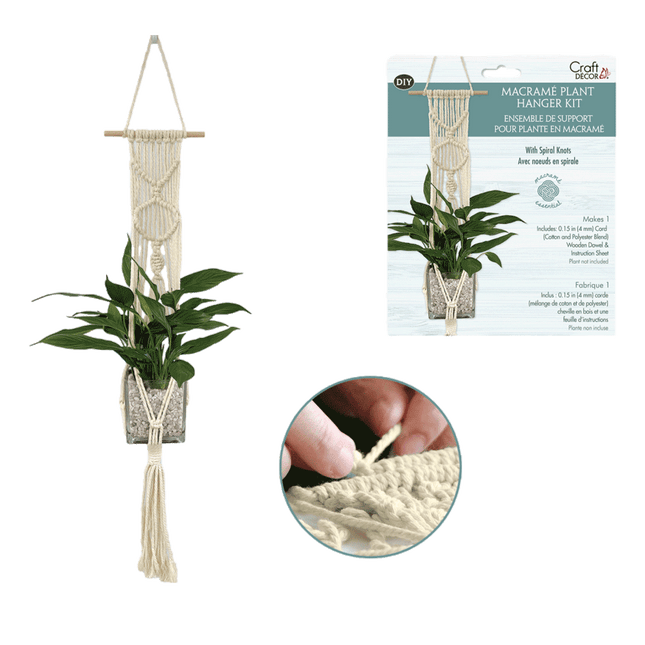 Craft Decor Ecru Macrame Plant Hanger kit with dowel sold by RQC Supply Canada an arts and craft store located in Woodstock, Ontario
