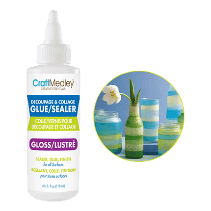 Decoupage Glue Sealer sold by RQC Supply Canada an arts and craft store located in Woodstock, Ontario showing Gloss Finish