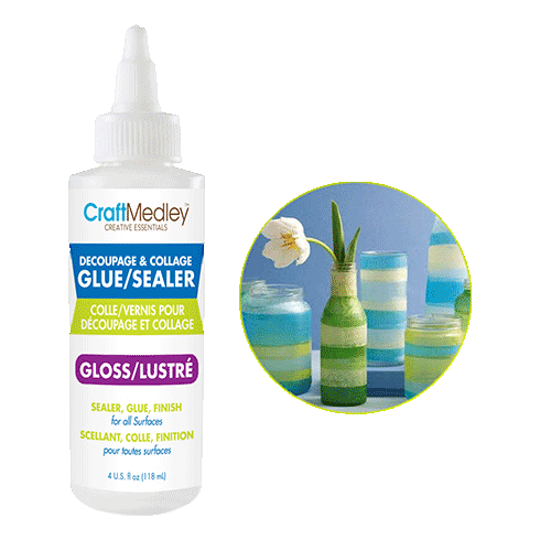 Decoupage Glue Sealer sold by RQC Supply Canada an arts and craft store located in Woodstock, Ontario showing Gloss Finish