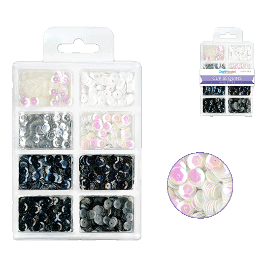 6mm Plastic Cup Sequins sold by RQC Supply Canada an arts and craft store located in Woodstock, Ontario showing Black White Classic colour