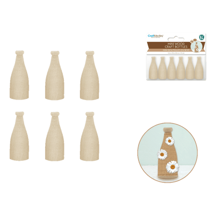 Wooden Milk Bottles sold by RQC Supply Canada an arts and craft store located in Woodstock, Ontario showing 6pc set
