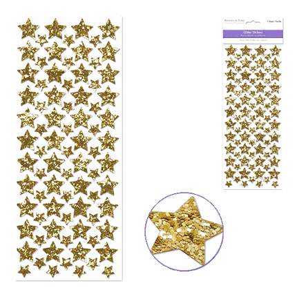 Silver Star Scrapbooking Stickers sold by RQC Supply Canada an arts and craft store located in Woodstock, Ontario showing gold glitter stars