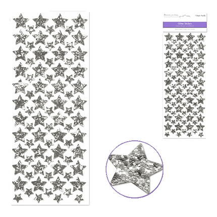 Silver Star Scrapbooking Stickers sold by RQC Supply Canada an arts and craft store located in Woodstock, Ontario showing silver glitter stars