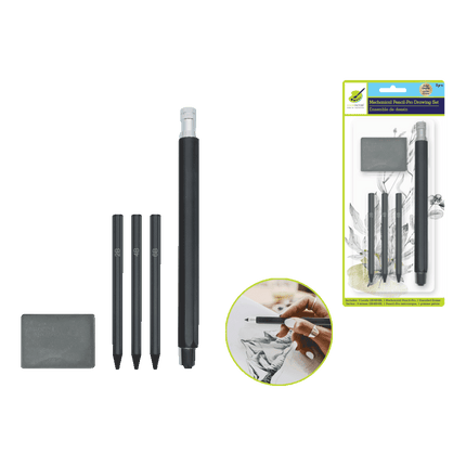 Premium 5pc Drawing set completed with  Mechanical Mencil featuring 3 pencil leads and a kneaded eraser sold by RQC Supply Canada an arts and craft store located in Woodstock, Ontario