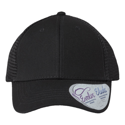 Infinity Her Modern Trucker Hat with ponytail hole sold by RQC Supply an arts and craft store located in Woodstock, Ontario showing heather black colour