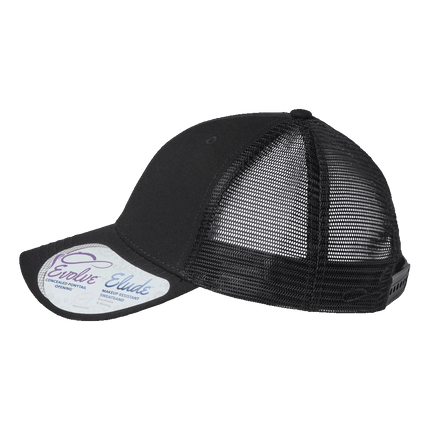 Infinity Her Modern Trucker Hat with ponytail hole sold by RQC Supply an arts and craft store located in Woodstock, Ontario showing heather black colour