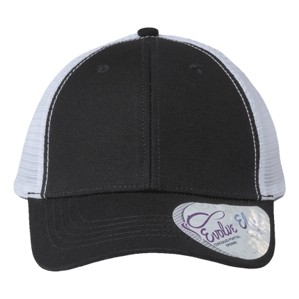 Infinity Her Modern Trucker Hat with ponytail hole sold by RQC Supply an arts and craft store located in Woodstock, Ontario showing black and  white colour