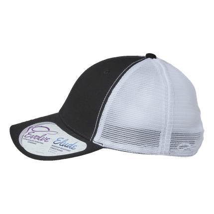 Infinity Her Modern Trucker Hat with ponytail hole sold by RQC Supply an arts and craft store located in Woodstock, Ontario showing black and  white colour