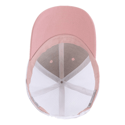 Infinity Her Modern Trucker Hat with ponytail hole sold by RQC Supply an arts and craft store located in Woodstock, Ontario showing pastel pink and white colour