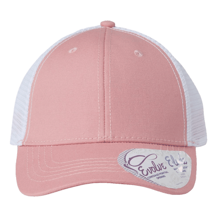 Infinity Her Modern Trucker Hat with ponytail hole sold by RQC Supply an arts and craft store located in Woodstock, Ontario showing pastel pink and white colour