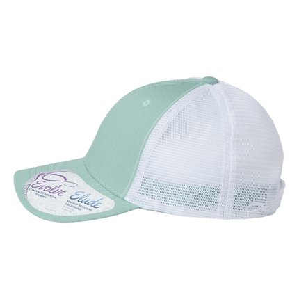 Infinity Her Modern Trucker Hat with ponytail hole sold by RQC Supply an arts and craft store located in Woodstock, Ontario showing seafoam and white colour