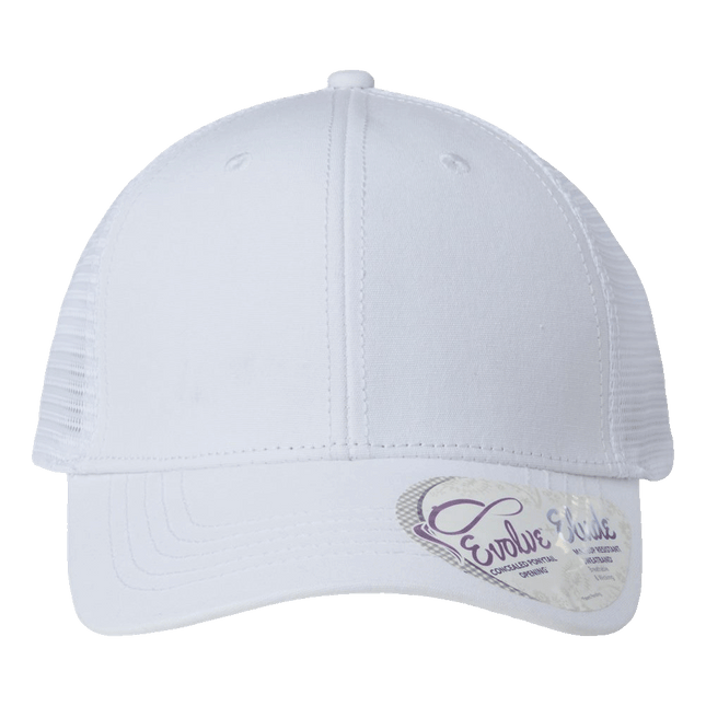 Infinity Her Modern Trucker Hat with ponytail hole sold by RQC Supply an arts and craft store located in Woodstock, Ontario showing heather white colour