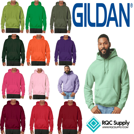 18500 Adult Hoodie. Unisex Hooded Sweatshirt by Gildan. Shown in all available colours, sold by RQC Supply Canada.