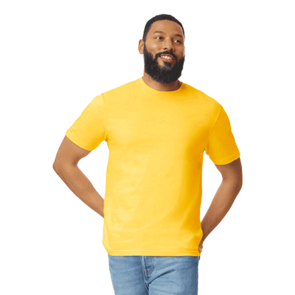 64000 Men's Softstyle Adult T-Shirt by Gildan. Shown in Daisy Yellow, sold by RQC Supply Canada.