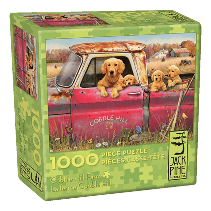 Cobble Hill Jack Pine 1000pc puzzle sold by RQC Supply Canada an arts and craft store located in Woodstock, Ontario showing Dogs in Truck.