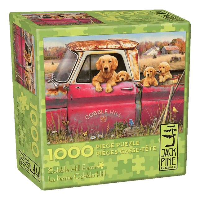 Cobble Hill Jack Pine 1000pc puzzle sold by RQC Supply Canada an arts and craft store located in Woodstock, Ontario showing Dogs in Truck.