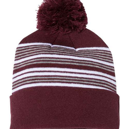 12" Striped Pom-Pom Cuffed Beanie