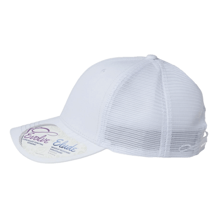 Infinity Her Modern Trucker Hat with ponytail hole sold by RQC Supply an arts and craft store located in Woodstock, Ontario showing heather white colour