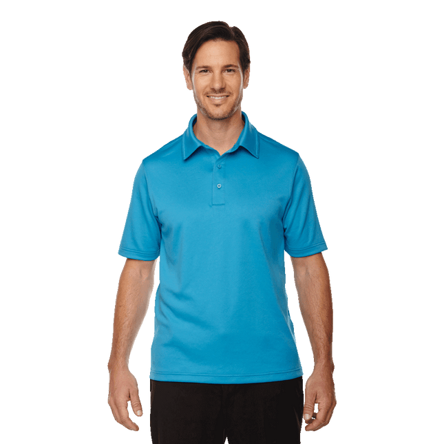North End Teal Polyester Polo sold by RQC Supply Canada an arts and craft store located in Woodstock, Ontario showing the mens version of the polo