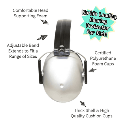 Baby Banz Hearing Protector Ear Muffs for kids 2 + years of age sold by RQC Supply Canada an arts and craft store and much more located in Woodstock, Ontario showing silver colour