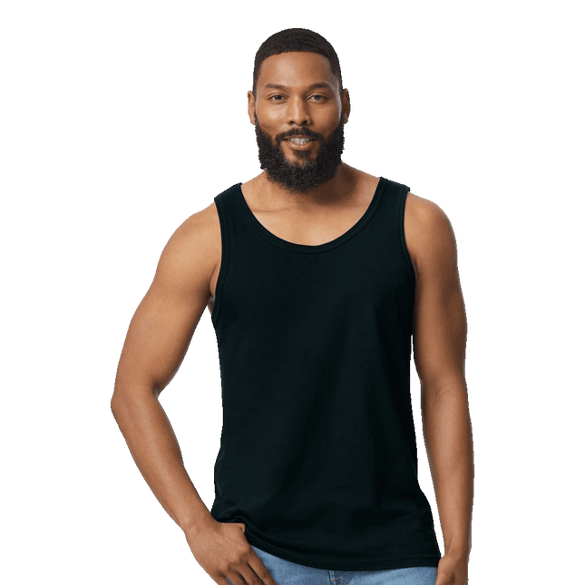 Mens Softstyle Tank Top made by Gildan Sold by RQC Supply Canada a craft store located in Woodstock, Ontario showing Black Colour