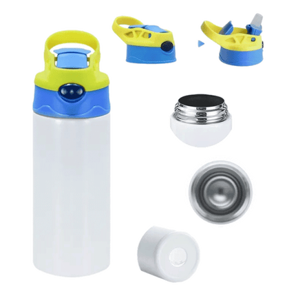 Kids Flip Spout Water Bottle sold by RQC Supply Canada showing Yellow Blue Combination, come visit us at our Woodstock Location today