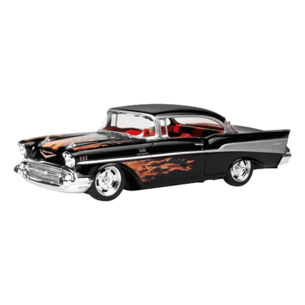 Revell ’57 Chevy, Bel Air, SnapTite 1/25 Scale, Black, Red Interior, Flame Deco, 85-1529, RQC Supply, Woodstock, Ontario