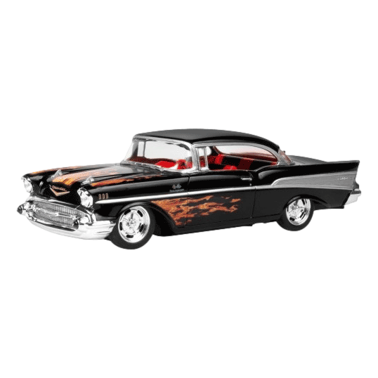 Revell ’57 Chevy, Bel Air, SnapTite 1/25 Scale, Black, Red Interior, Flame Deco, 85-1529, RQC Supply, Woodstock, Ontario