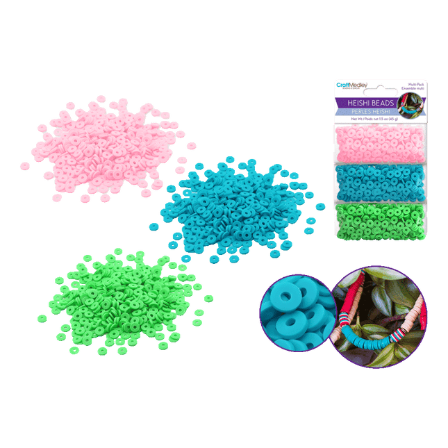 Pastel Pink, Neon Blue, Neon Green 
Clay Beads aka Heishi Beads sold by RQC Supply Canada an arts and craft store located in Woodstock, Ontario