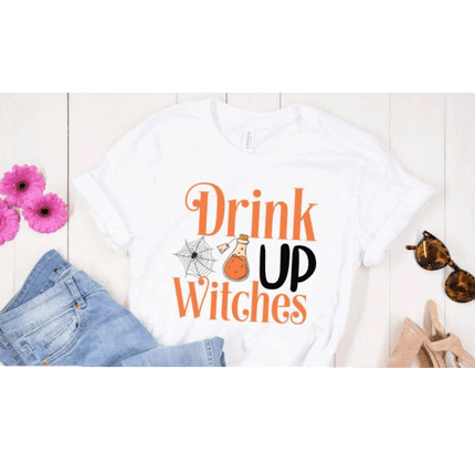 Drink Up Witches DTF Transfers printed in house by RQC Supply Canada an arts and craft store located in Woodstock, Ontario