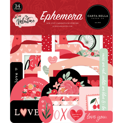 Ephemera My Valentines Day Cardstock Packs made by Echo Park sold by RQC Supply Canada an arts and craft store located in Woodstock, Ontario