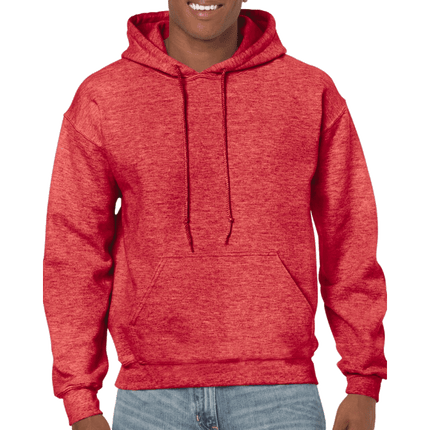 18500 Adult Hoodie. Unisex Hooded Sweatshirt by Gildan. Shown in Heather Sport Scarlet Red, sold by RQC Supply Canada.