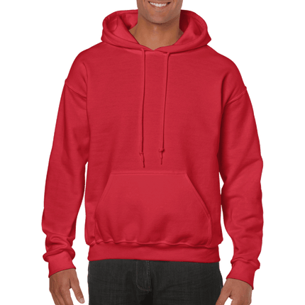 18500 Adult Hoodie. Unisex Hooded Sweatshirt by Gildan. Shown in red colour, sold by RQC Supply Canada.