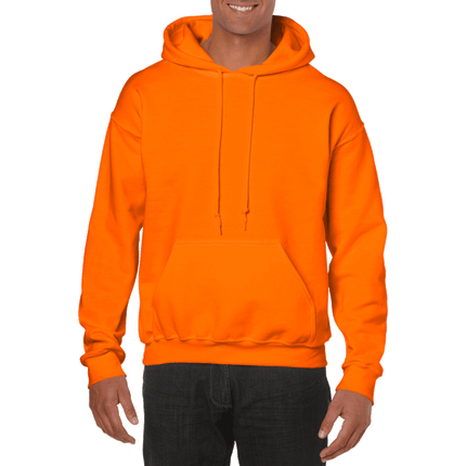 18500 Adult Hoodie. Unisex Hooded Sweatshirt by Gildan. Shown in Safety Orange, sold by RQC Supply Canada.
