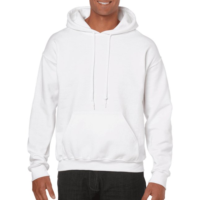 18500 Adult Hoodie. Unisex Hooded Sweatshirt by Gildan. Shown in White, sold by RQC Supply Canada.