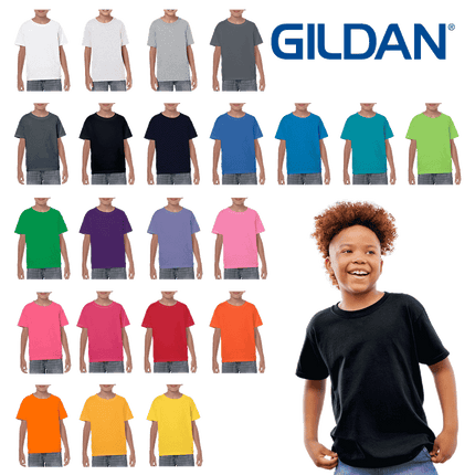 500B Heavy Cotton Youth Short Sleeved T-Shirt by Gildan. Shown in all available colours, sold by RQC Supply Canada.