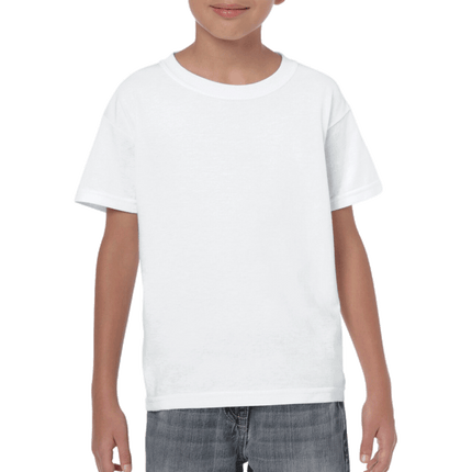 500B Heavy Cotton Youth Short Sleeved T-Shirt by Gildan. Shown in White, sold by RQC Supply Canada.