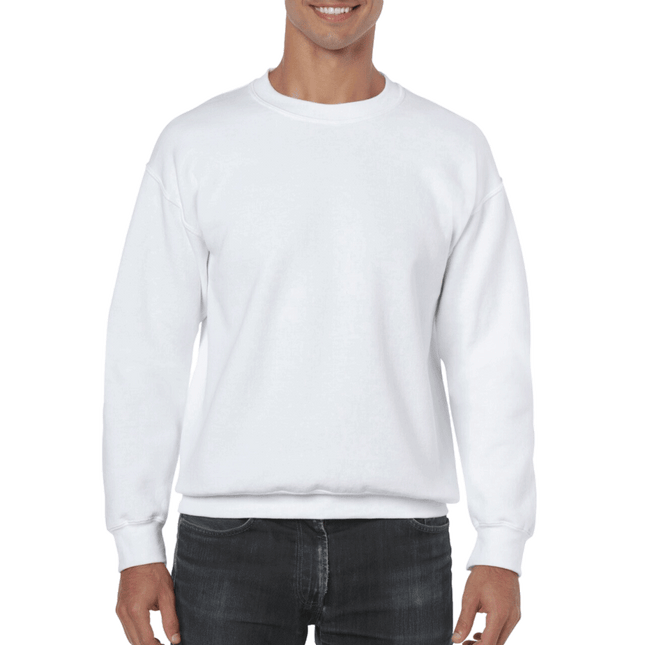 Unisex Gildan Cotton Crew Neck Sweaters sold by RQC Supply Canada. White colour shown here.