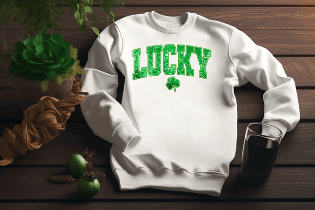 Lucky Sequin Word with Shamrock St Patrick's Day DTF Transfer sold by RQC Supply Canada an arts and craft store located in Woodstock, Ontario