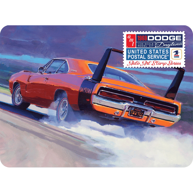 AMT, 1969 Dodge Charger Daytona, Model Car, 1/25 Scale, Orange and Black, USPS Stamp Series Collection, RQC Supply, Woodstock, Ontario