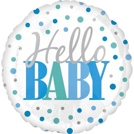 Blue Hello Baby Shaped Helium Filled Balloons sold by RQC Supply Canada an arts and craft store selling party supplies located in Woodstock, Ontario